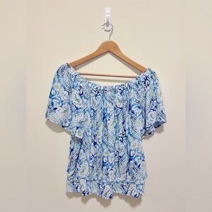 Christian Siriano Blue Floral Paisley Off-Shoulder Blouse with Ruching on Hem
